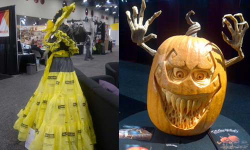 trash bag dress and carved pumpkin